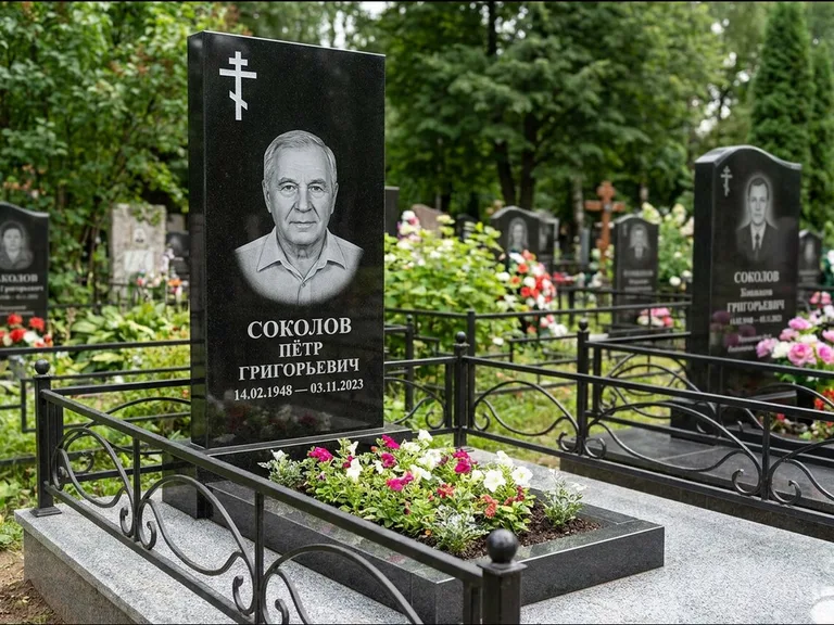 Памятник из чёрного гранита — стела с арочным верхом с православным восьмиконечным крестом, работа «Ковалёв» в Белгороде