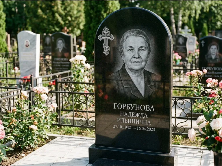 Памятник из чёрного гранита — стела с боковой колонной с крестом в лучах, работа «Мельникова» в Белгороде