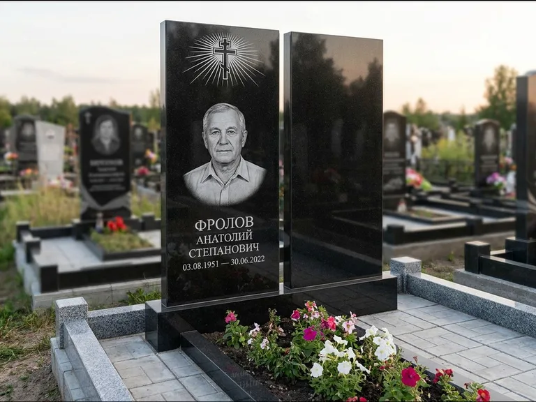 Памятник из чёрного гранита — стела на ступенчатом постаменте с золочёным крестом, работа «Богданов» в Белгороде