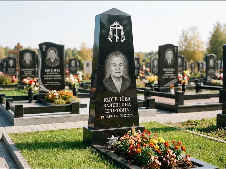 Памятник из чёрного гранита — стела со скошенным верхом с ажурным резным крестом, работа «Селезнёва» в Белгороде
