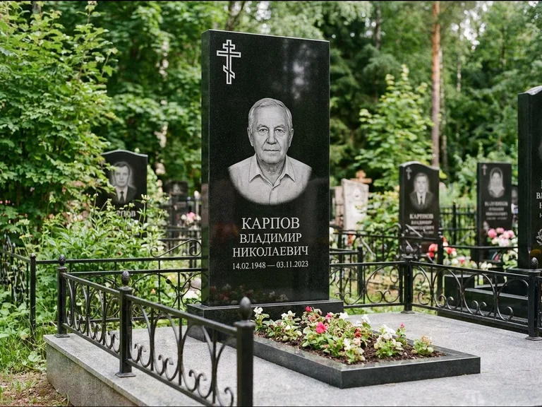 Памятник из чёрного гранита — узкая стела с ажурным крестом с православным восьмиконечным крестом, работа «Гущин» в Белгороде