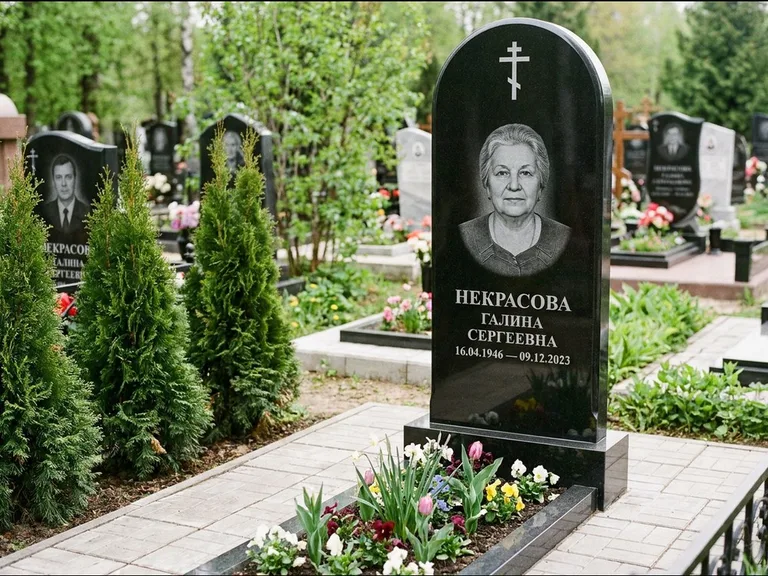 Памятник из чёрного гранита — стела с цветником-плитой с латинским крестом, работа «Лаврентьева» в Белгороде