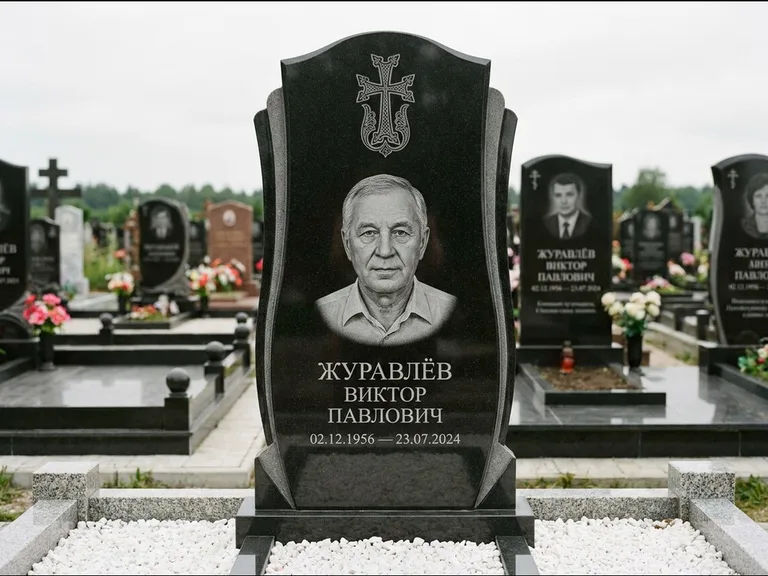 Памятник из чёрного гранита — панорамная стела с армянским хачкаром, работа «Тихонов» в Белгороде