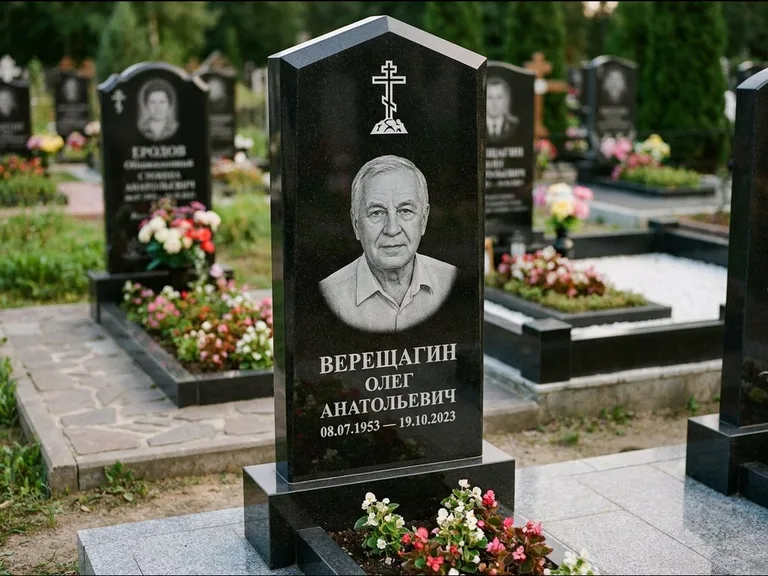 Памятник из чёрного гранита — обелиск-колонна с крестом на Голгофе, работа «Ковалёв» в Белгороде