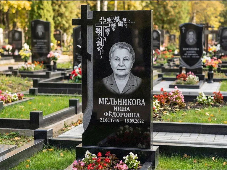 Памятник из чёрного гранита — стела с резной рамкой с крестом с распятием, работа «Некрасова» в Белгороде