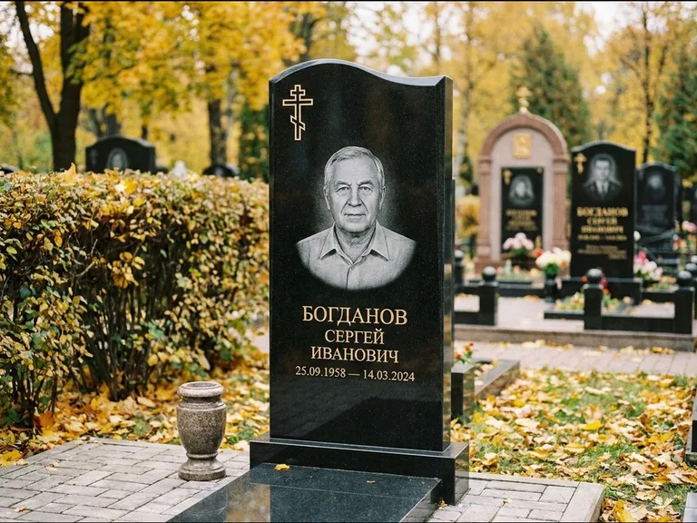 Памятник из чёрного гранита — стела с цветником с процветшим крестом с виноградной лозой, работа «Журавлёв» в Белгороде