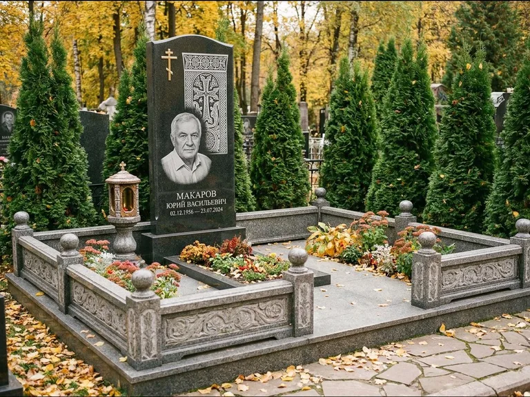 Памятник из чёрного гранита — стела с крестом и лампадой с армянским хачкаром, работа «Гущин» в Белгороде