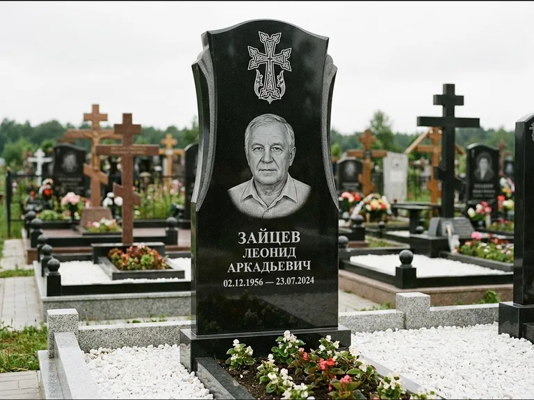 Памятник из чёрного гранита — семейная стела на двоих с армянским хачкаром, работа «Журавлёв» в Белгороде
