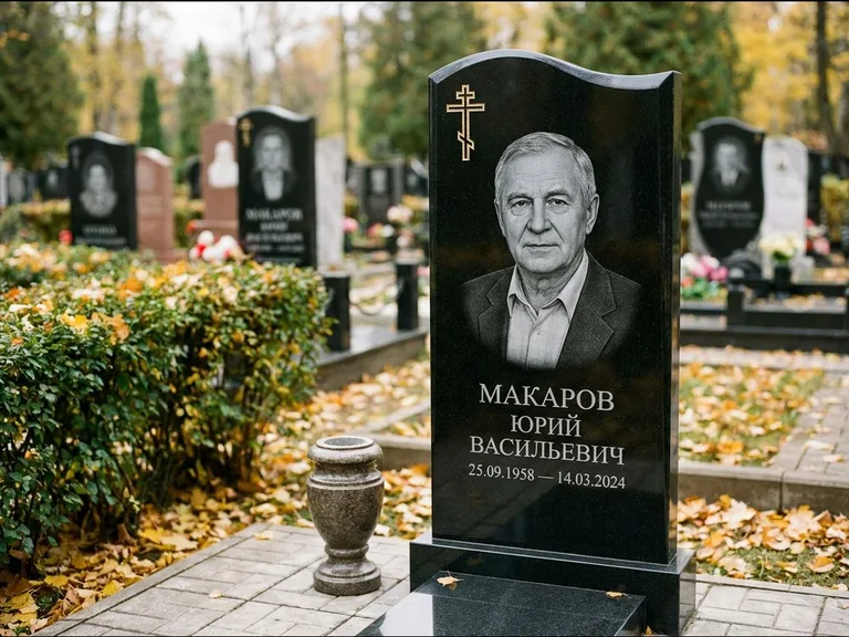 Памятник из чёрного гранита — фигурная стела с киот-нишей с процветшим крестом с виноградной лозой, работа «Богданов» в Белгороде