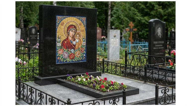 Мозаика на памятник в Белгороде — цветное панно из смальты на чёрной гранитной стеле