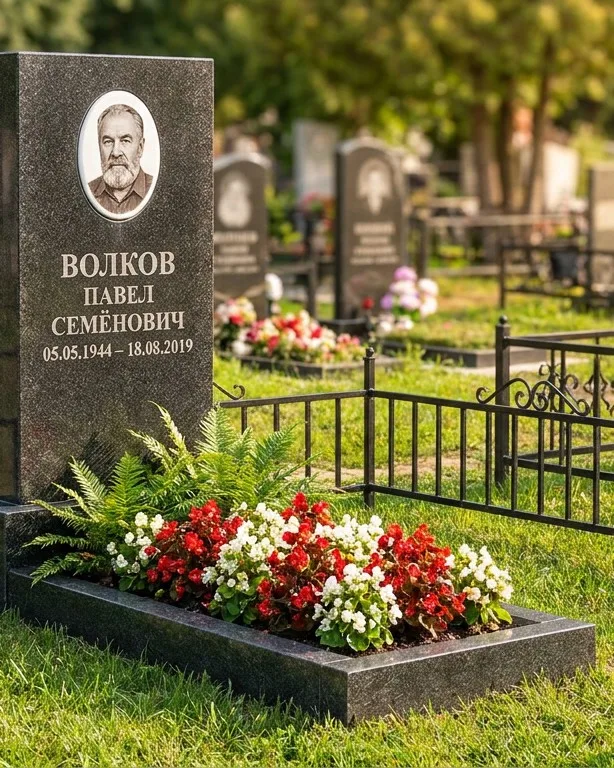 Тёмно-серый памятник под ключ с художественной гравировкой в Белгороде