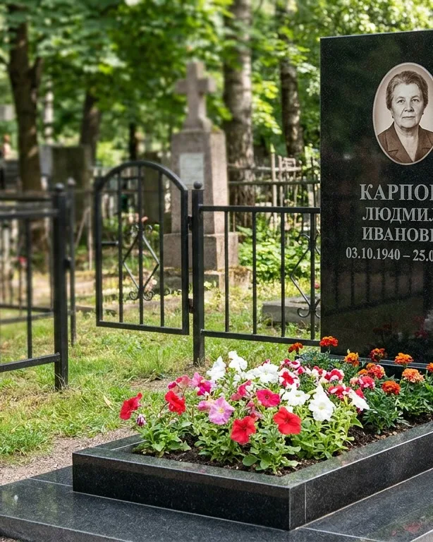 Памятник под ключ с низкой оградой и цветником в Белгороде