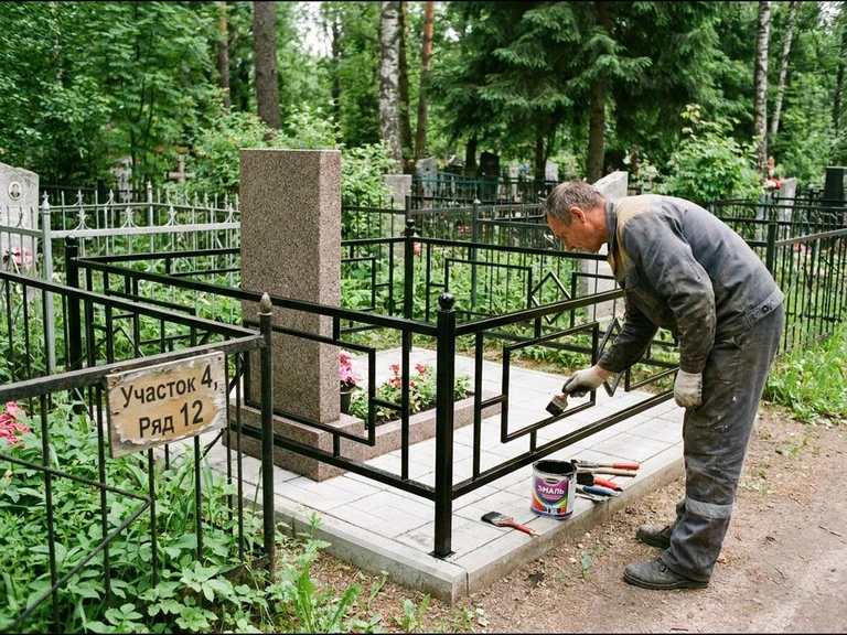 Покраска оградки на кладбище в Белгороде — мастер красит металлическую ограду на могиле чёрной эмалью