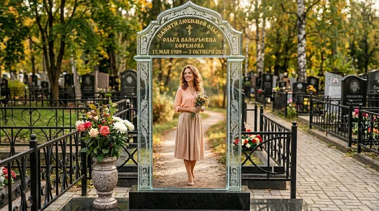Портрет на стекле в форме арки на памятнике в Белгороде