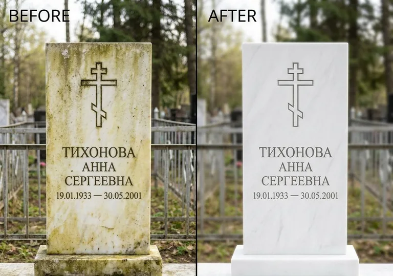 Восстановление мраморного надгробия от желтизны: до и после в Белгороде