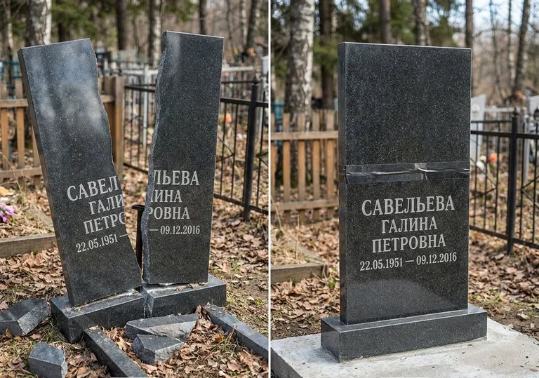 Склейка расколотого гранитного памятника: до и после в Белгороде
