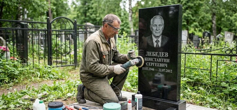 Реставрация памятника в Белгороде — восстановление гранита, заделка трещин и обновление надписей на кладбище