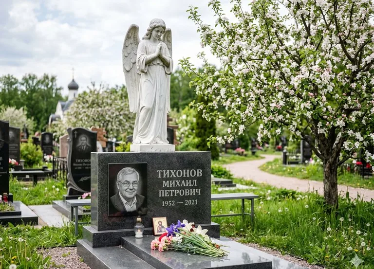 Мраморный молящийся ангел на гранитном памятнике весной в Белгороде