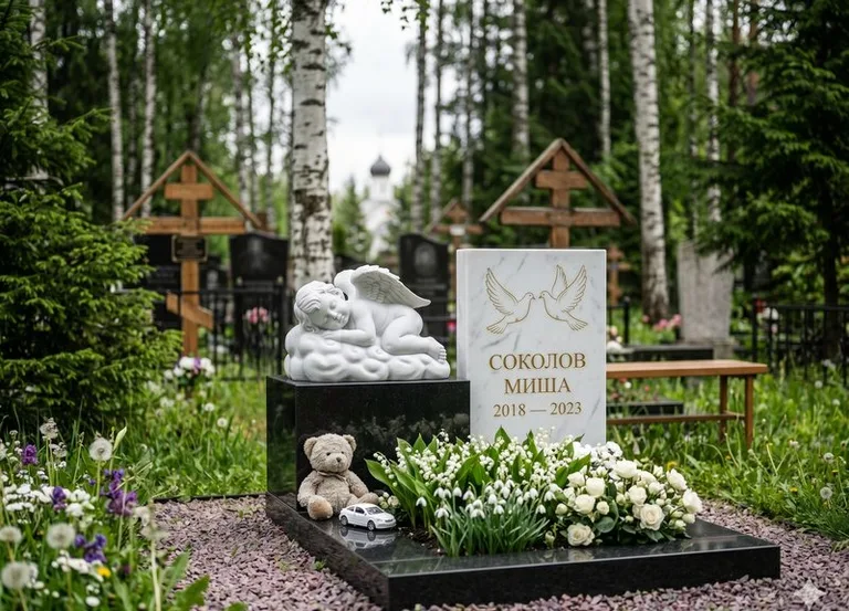 Белый ангелочек на детском памятнике в Белгороде