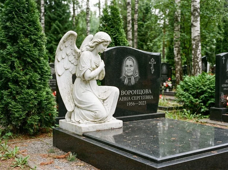 Белый мраморный ангел на гранитном памятнике в Белгороде