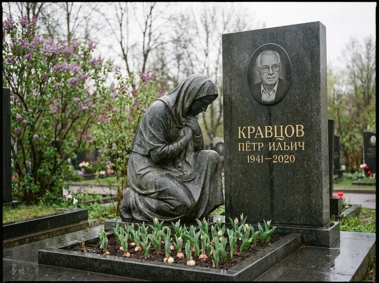 Гранитная скорбящая фигура у стелы на кладбище в Белгороде
