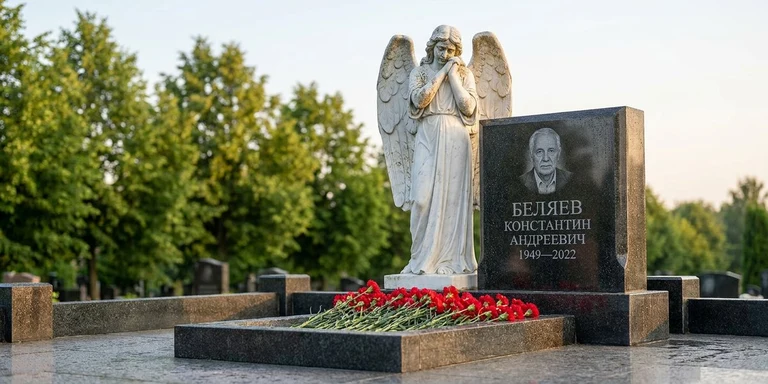Скульптура на памятник в Белгороде — мраморный ангел на гранитном мемориале
