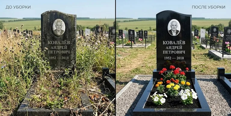 Уборка могилы до и после — ухоженный участок в Белгороде