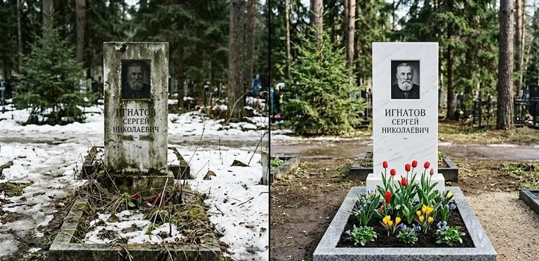 Диптих №6: высадка хризантем у подножия серого гранита — до и после уборки в Белгороде