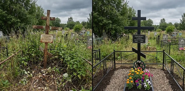 Уборка могилы до и после в пасмурный день — крест в Белгороде