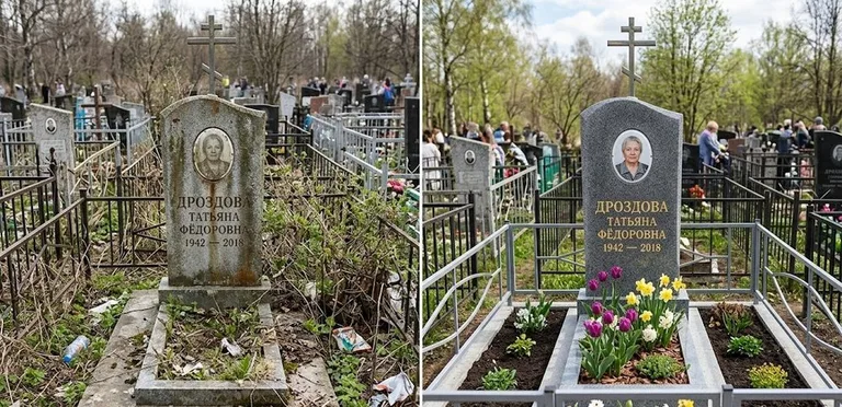 Диптих №4: свежепокрашенная серебром оградка и отмытый красный гранит — до и после в Белгороде