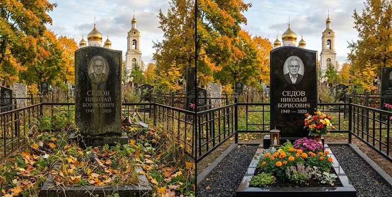 Уборка могилы до и после осенью — у церкви в Белгороде