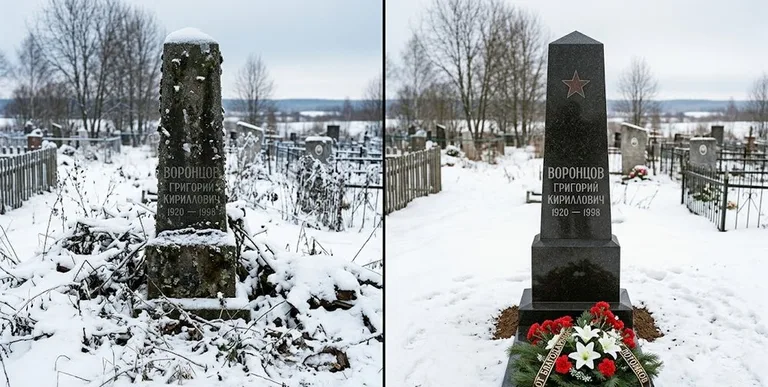 Уборка могилы до и после зимой — воинский обелиск в Белгороде