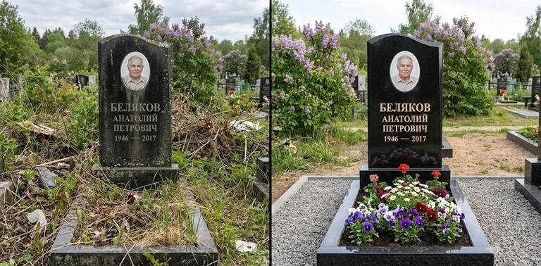 Уборка могилы до и после весной — цветущая сирень в Белгороде