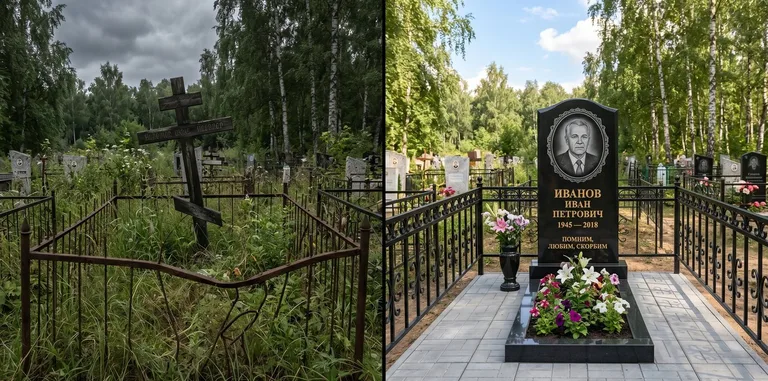 Благоустройство могилы до и после установки памятника в Белгороде