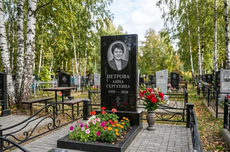 Гранитный памятник с цветником и плиткой в Белгороде