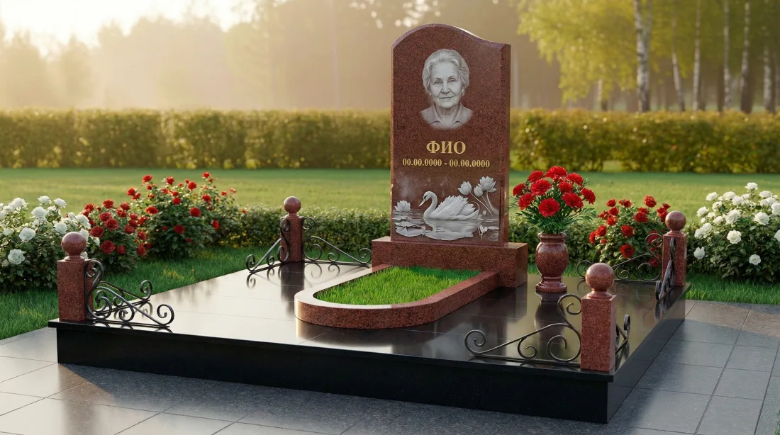 Памятник женщине из красного гранита, стела с портретом и гравировкой лебедей, газон в цветнике, кованая оградка Памятник женщине из красного гранита, стела с портретом и гравировкой лебедей, газон в цветнике, кованая оградка