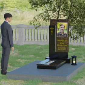 Православный вертикальный памятник с крестом и мемориальным комплексом - П005