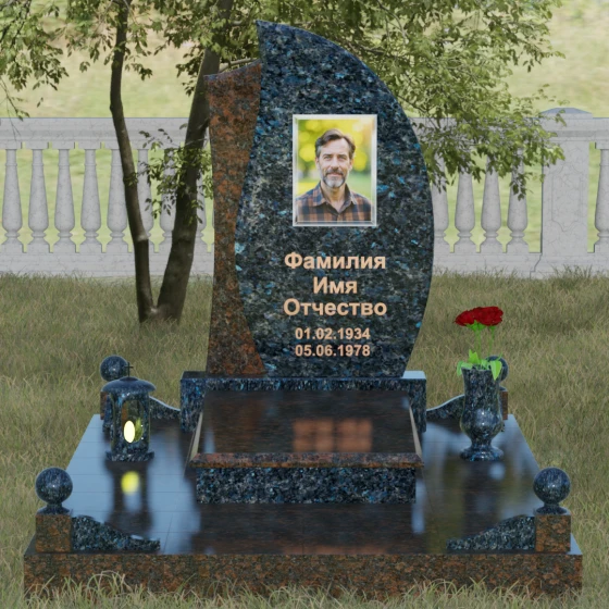 Стела — лепесток с фактурной вставкой, гранит Блю Перл, вид 2, в Якутске