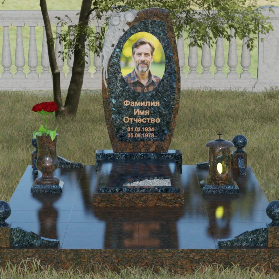 Вертикальный комбинированный памятник без креста в Мурманске, гранит Блю Перл, вид 2