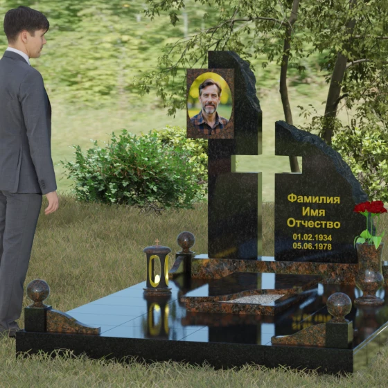 Комбинированный православный памятник с крестом в Норильске, гранит Дымовский, вид 4