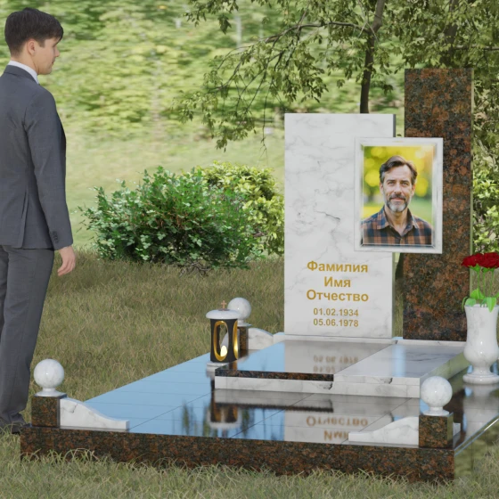 Комбинированный вертикальный памятник в Нижневартовске, мрамор Тассос, вид 4