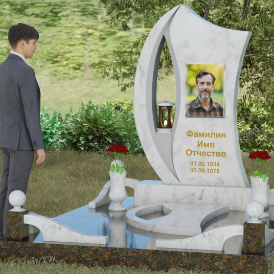 Гранитный памятник с каплевидным отверстием, мрамор Тассос, вид 4, в Якутске