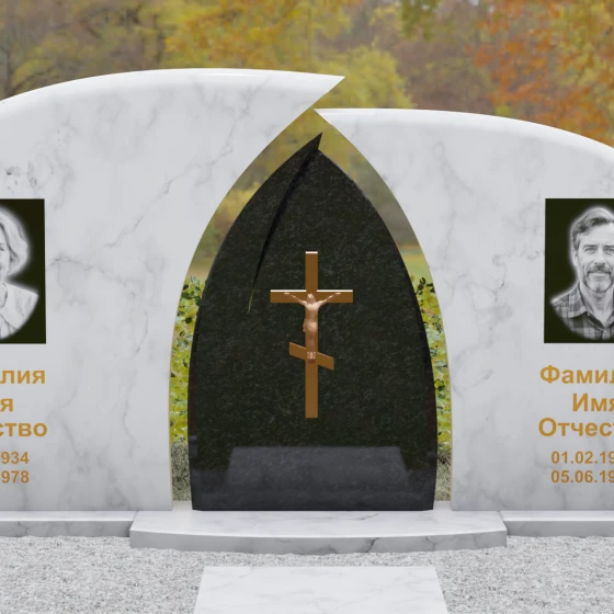 Комбинированный горизонтальный памятник с крестом в Салехарде, мрамор Тассос