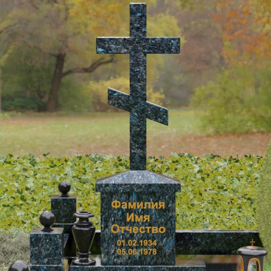 Гранитный памятник — крест восьмиконечный с шарами, гранит Блю Перл, в Якутске