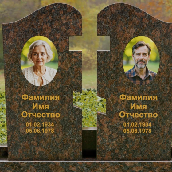 Двойной гранитный памятник-пазл с волной, гранит Дымовский