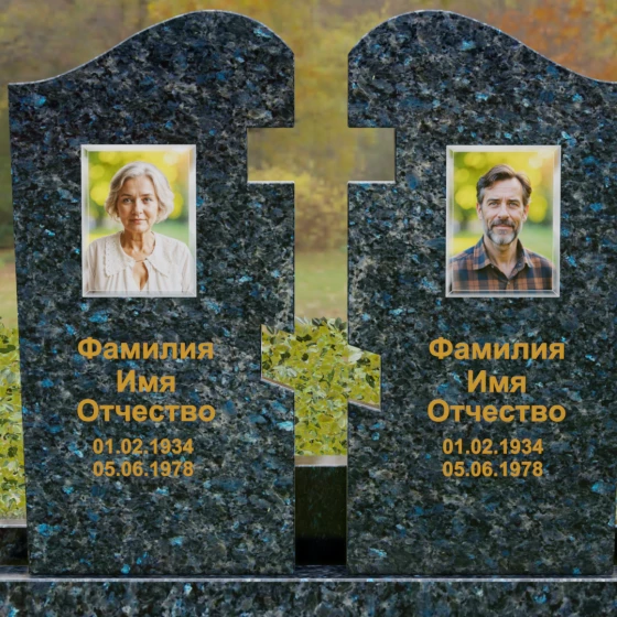 Двойной гранитный памятник-пазл с волной, гранит Блю Перл