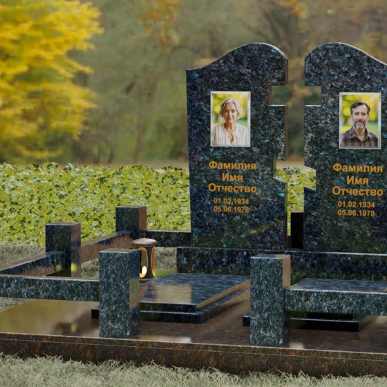 Двойной гранитный памятник-пазл с волной, гранит Блю Перл, вид 4