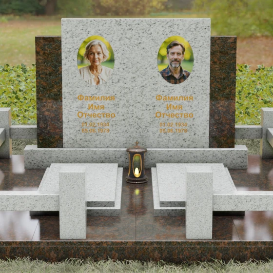 Комбинированный памятник-триптих с полировкой, гранит Мансуровский, вид 2