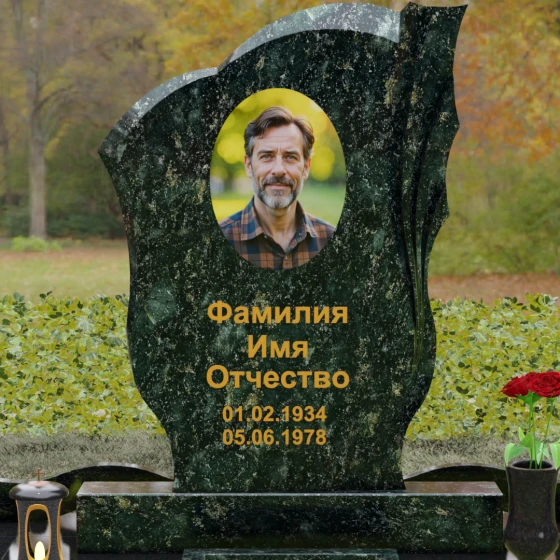 Гранитный монумент с драпировкой и волнообразным верхом, гранит Балтик грин