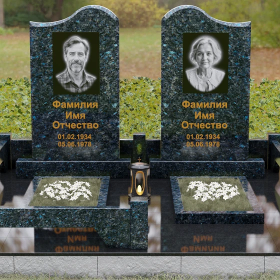 Памятник гранитный двойной с волнообразным верхом, гранит Блю Перл, вид 2, в Якутске